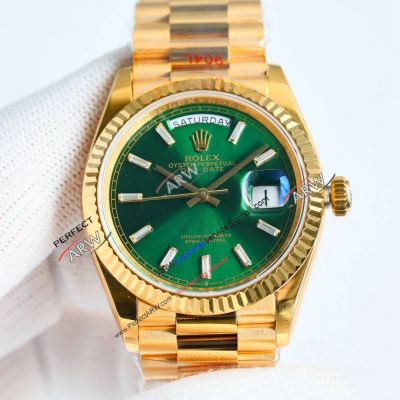 Swiss Clone Rolex Day Date 36 Yellow Gold Green Baguette Face 2836 Watch